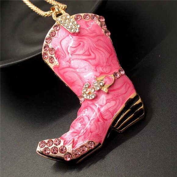 Rhinestone Embellished Pink Shoe Lady Boots Design Crystal pendant Necklace - Picture 2 of 3